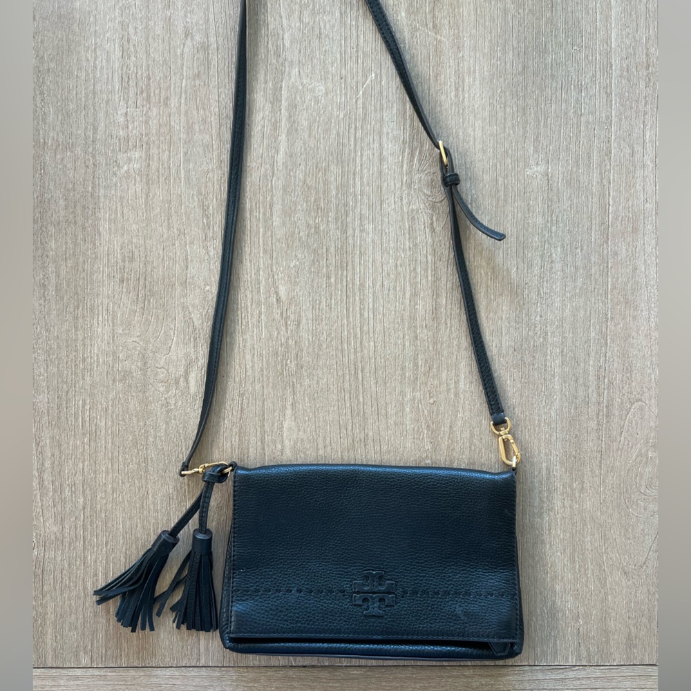 TORY BURCH Black Leather Fold Over Crossbody bag